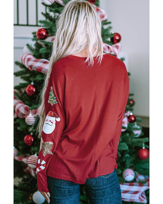 Red Sequined Christmas Favor Sleeve Casual Pullover - S