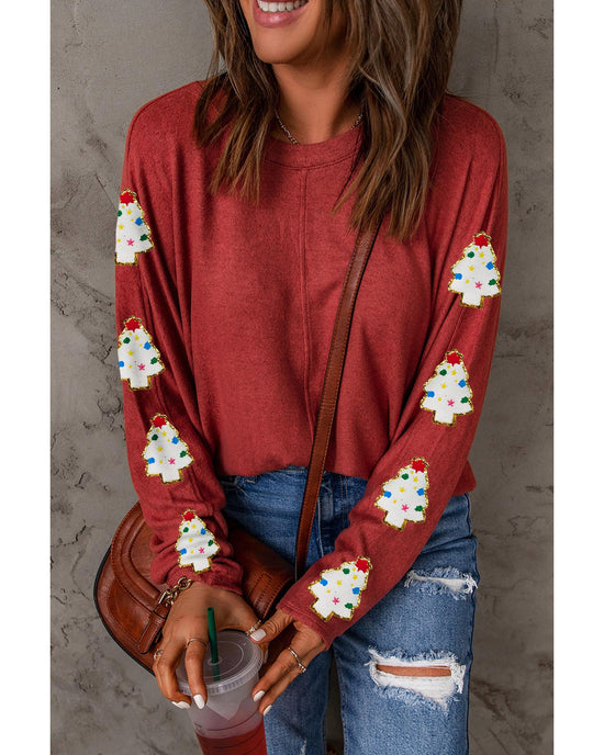 Red Christmas Tree Patch Long Sleeve Casual Top - L