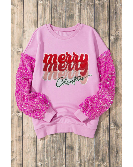 Pink Merry Christmas Graphic Sequin Sleeve Patchwork Top - S