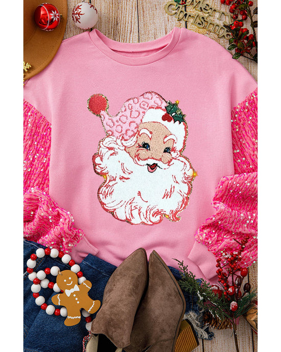 Pink Shiny Father Christmas Graphic Sequin Long Sleeve Top - L