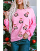 Pink Christmas Nutcracker Graphic Sequin Patchwork Long Sleeve Top - S