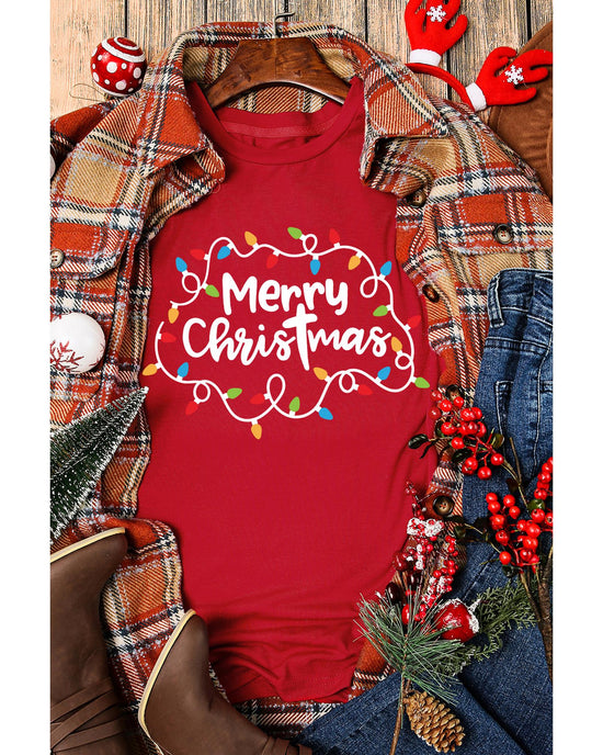 Red Merry Christmas Lights Print Crew Neck T Shirt - M