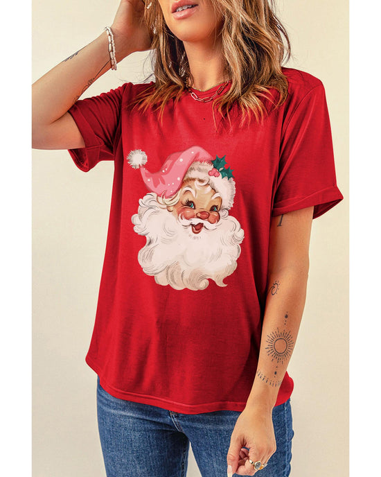 Red Christmas Santa Claus Print Crew Neck T Shirt - M
