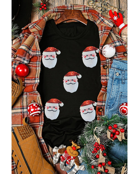 Black Sequin Christmas Claus Pattern Crewneck T Shirt - 2XL