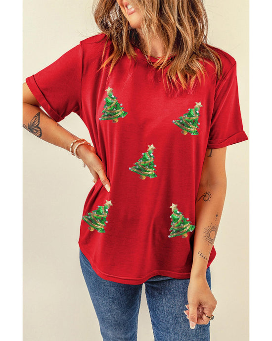 Red Sequined Christmas Tree Graphic Crewneck T Shirt - XL