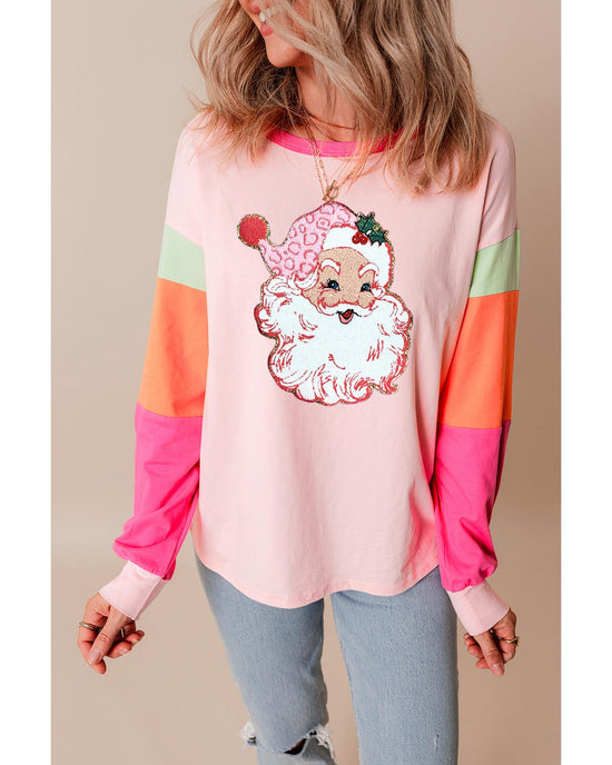 Pink Christmas Santa Claus Graphic Colorblock Patchwork Top - M