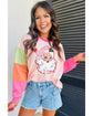 Pink Christmas Santa Claus Graphic Colorblock Patchwork Top - M