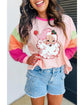 Pink Christmas Santa Claus Graphic Colorblock Patchwork Top - M