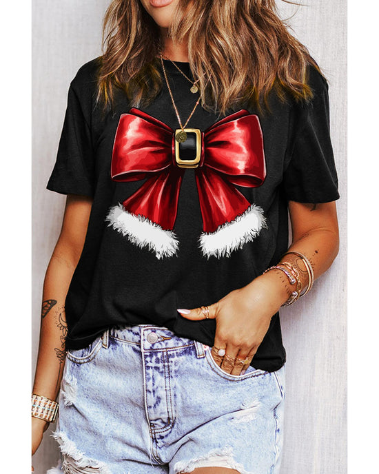 Black Christmas Big Bowknot Graphic Crewneck T Shirt - L