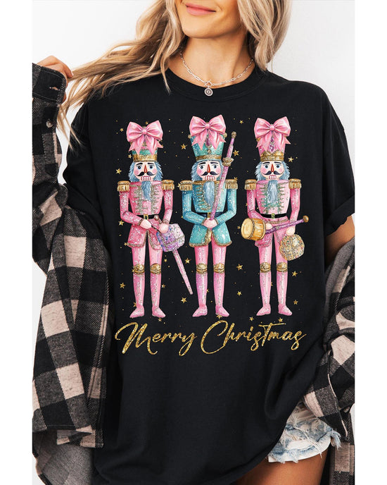 Black Nutcracker Merry Christmas Printed Crewneck T Shirt - S