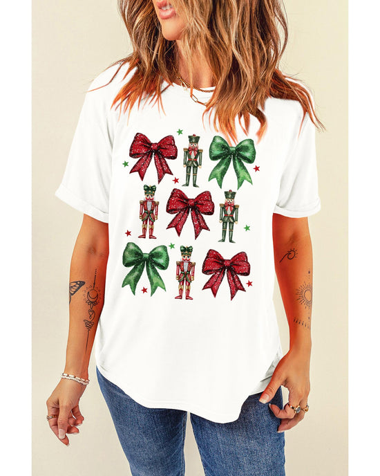 White Bowknot Nutcracker Printed Crewneck Christmas T Shirt - 2XL