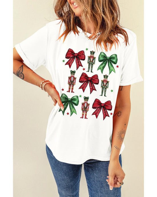 White Bowknot Nutcracker Printed Crewneck Christmas T Shirt - 3XL