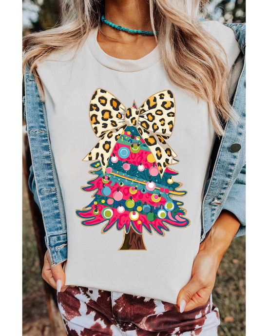 White Leopard Bow Decor Christmas Tree Graphic Crew Neck Tee - 2XL
