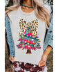 White Leopard Bow Decor Christmas Tree Graphic Crew Neck Tee - 2XL