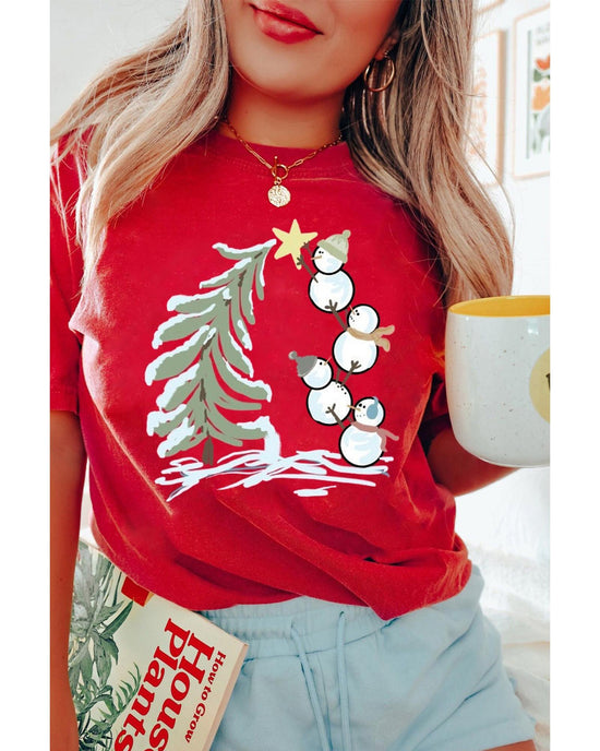 Red Christmas Tree Snowman Printed Crewneck T Shirt - S