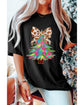 Black Heat Transfer Printing Christmas Tree Bowknot T-Shirt - S