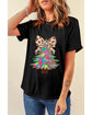 Black Heat Transfer Printing Christmas Tree Bowknot T-Shirt - XL
