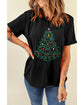 Black Rhinestone Christmas Tree Round Neck Graphic Tee - 2XL