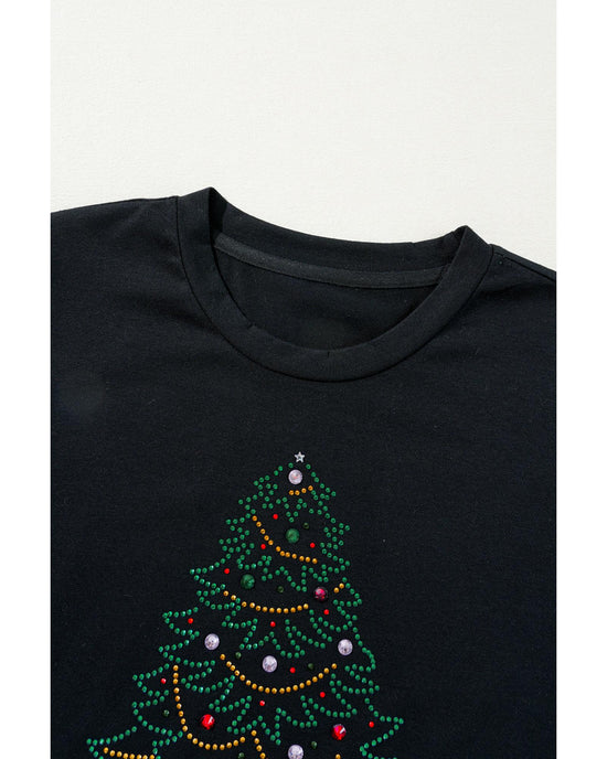 Black Rhinestone Christmas Tree Round Neck Graphic Tee - M