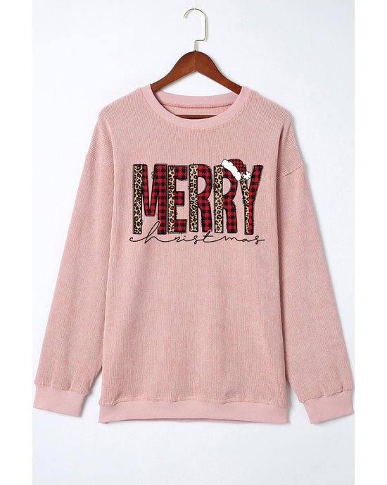 Pink MERRY Christmas Plaid Leopard Print Corded Sweatshirt - L