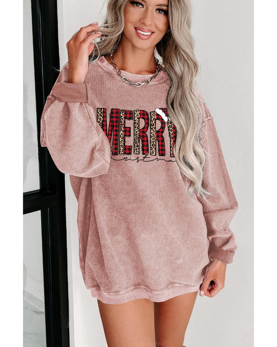 Pink MERRY Christmas Plaid Leopard Print Corded Sweatshirt - M