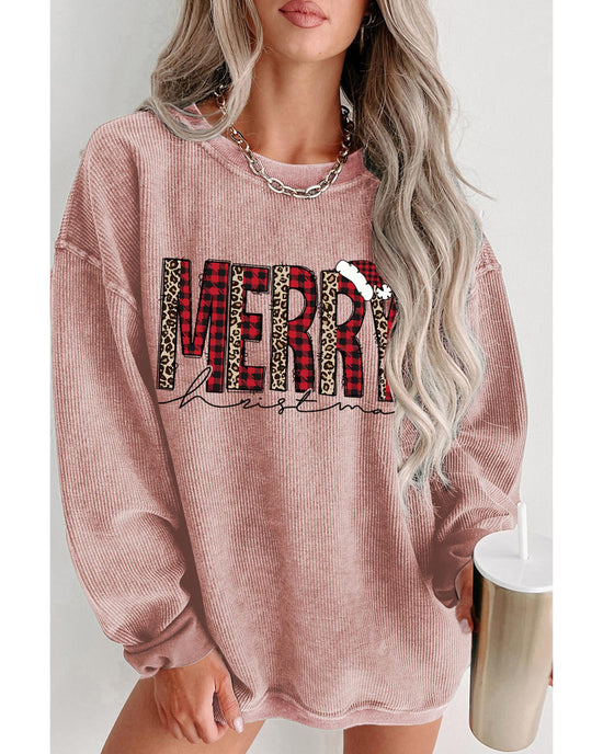 Pink MERRY Christmas Plaid Leopard Print Corded Sweatshirt - S