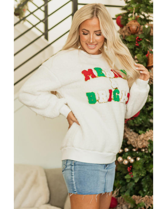 White Christmas MERRY & Bright Chenille Graphic Sherpa Sweatshirt - L