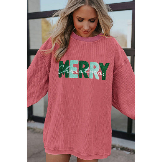 Strawberry Pink MERRY Christmas Corded Pullover Sweatshirt - M