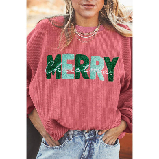 Strawberry Pink MERRY Christmas Corded Pullover Sweatshirt - S