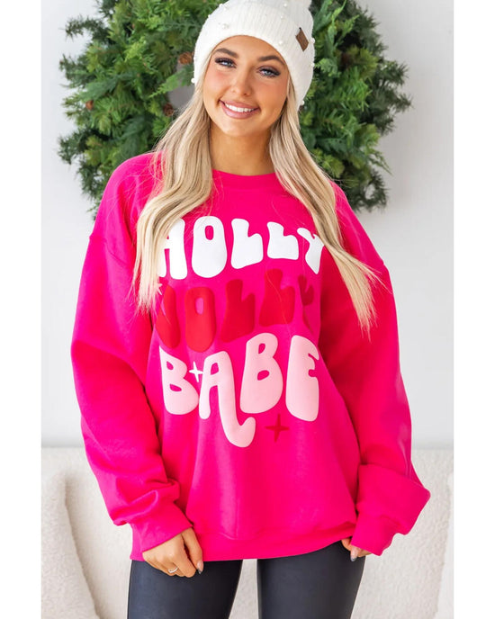 Rose Red Christmas Holly Jolly Babe Graphic Oversized Sweatshirt - M