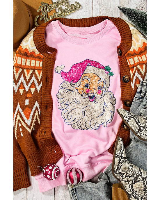 Pink Bold Christmas Claus Graphic Drop Shoulder Sweatshirt - L