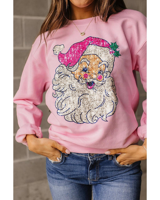 Pink Bold Christmas Claus Graphic Drop Shoulder Sweatshirt - M