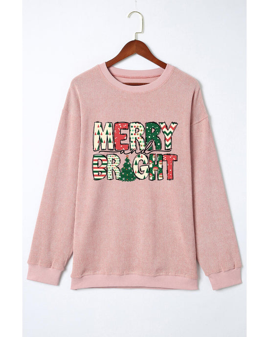 Pink MERRY and BRIGHT Christmas Tree Print Ribbed Sweatshirt - M