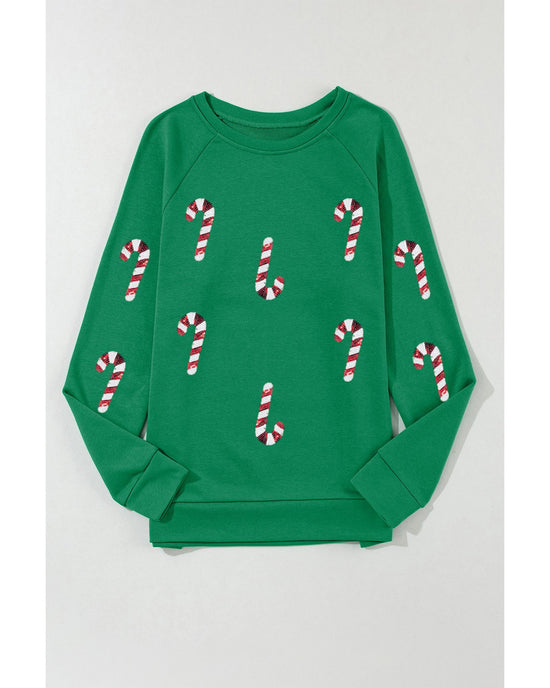 Green Sequin Christmas Candy Cane Graphic Crewneck Pullover Sweatshirt - S