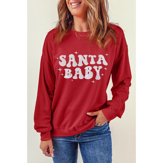 Red SANTA BABY Embroidered Crewneck Christmas Sweatshirt - XL