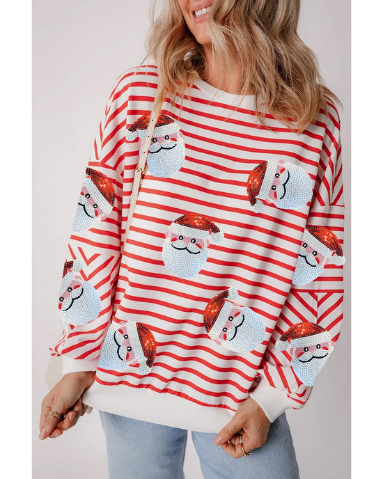 Orange Stripe Striped Sequin Santa Claus Pattern Christmas Pullover Sweatshirt - XL