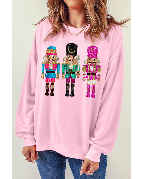 Pink Cute Nutcracker Printed Drop Shoulder Christmas Sweatshirt - L