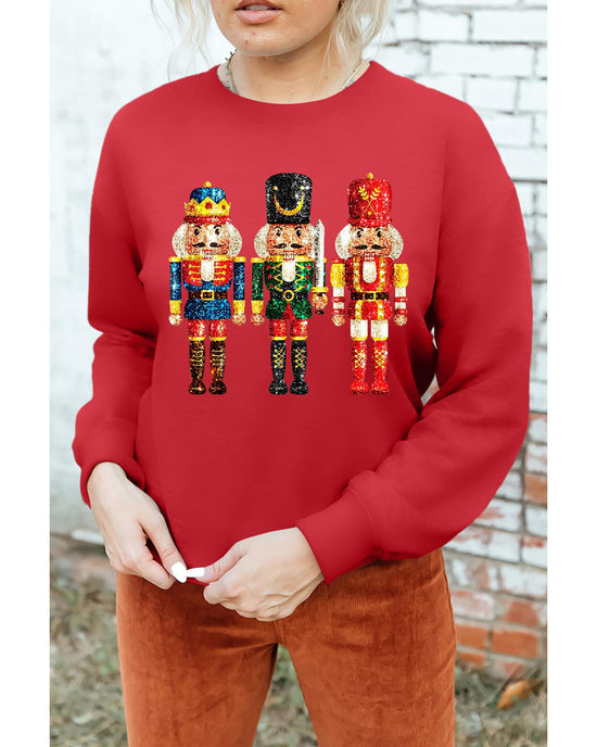 Red Christmas Metallic Nutcracker Graphic Crew Neck Sweatshirt - L