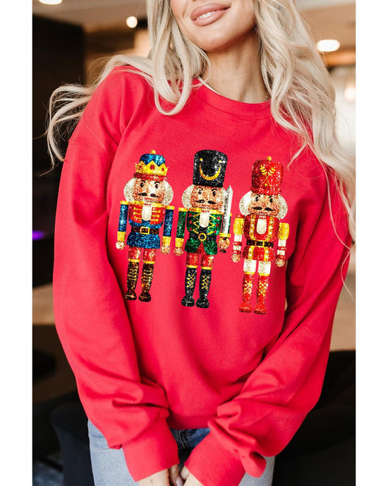 Red Christmas Metallic Nutcracker Graphic Crew Neck Sweatshirt - S