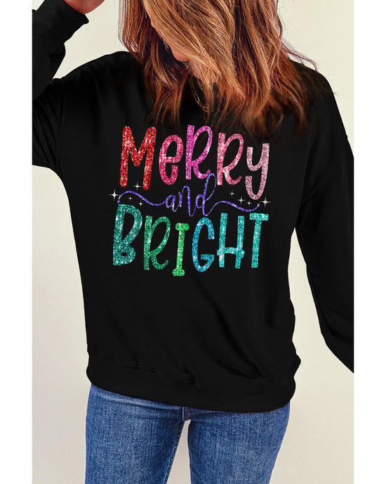 Black Glittering Merry and Bright Graphic Christmas Pullover Sweatshirt - L