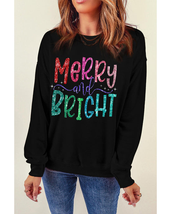 Black Glittering Merry and Bright Graphic Christmas Pullover Sweatshirt - XL