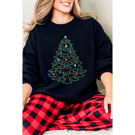Black Rhinestone Christmas Tree Graphic Pullover Sweatshirt - L