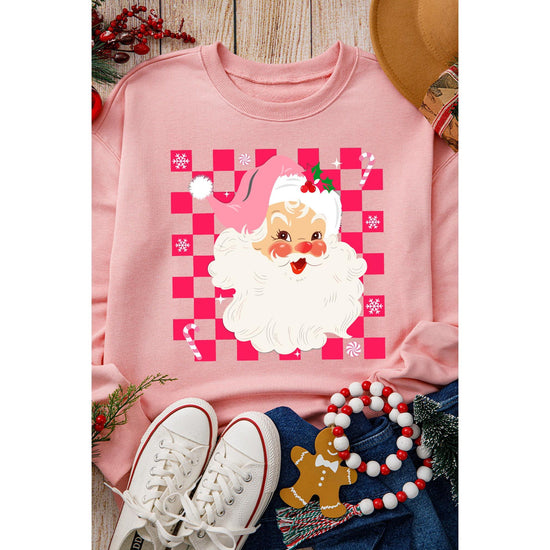 Pink Fancy Checkered Father Christmas Graphic Sweatshirt - S
