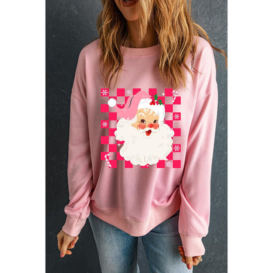Pink Fancy Checkered Father Christmas Graphic Sweatshirt - XL