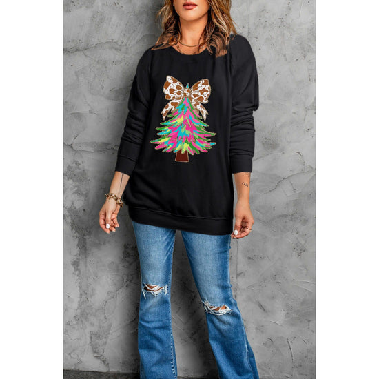 Black Bowknot Christmas Tree Shiny Graphic Sweatshirt - XL