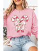 Pink Christmas Bow Candy Cane Graphic Drop Shoulder Crew Neck Sweatshirt - L