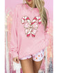 Pink Christmas Bow Candy Cane Graphic Drop Shoulder Crew Neck Sweatshirt - M