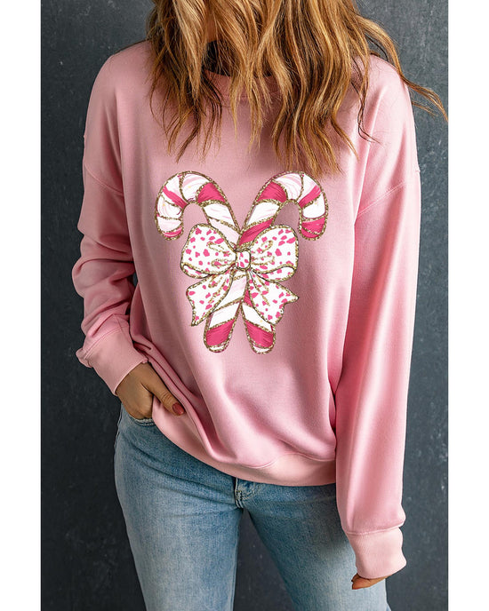Pink Christmas Bow Candy Cane Graphic Drop Shoulder Crew Neck Sweatshirt - S