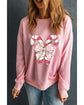 Pink Christmas Bow Candy Cane Graphic Drop Shoulder Crew Neck Sweatshirt - XL