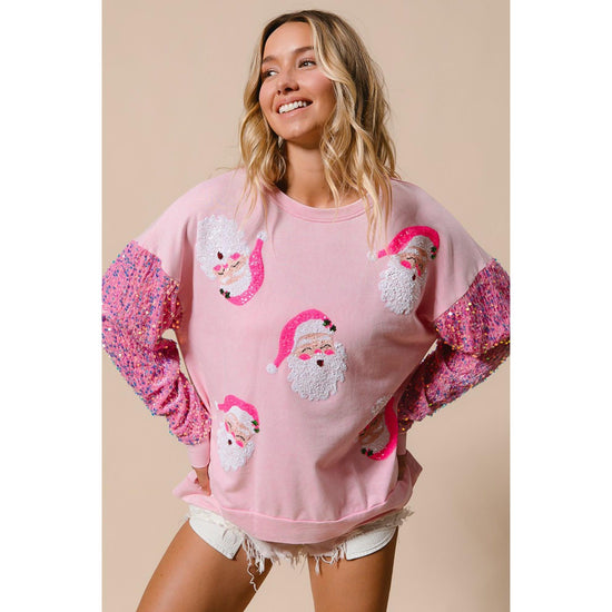 Pink Sequined Santa Claus Long Sleeve Christmas Sweatshirt - L